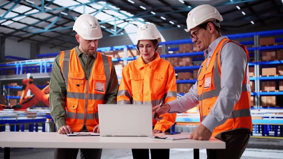 Two men and a woman in high visibility vests and hard-hats examining a laptop in a warehouse.